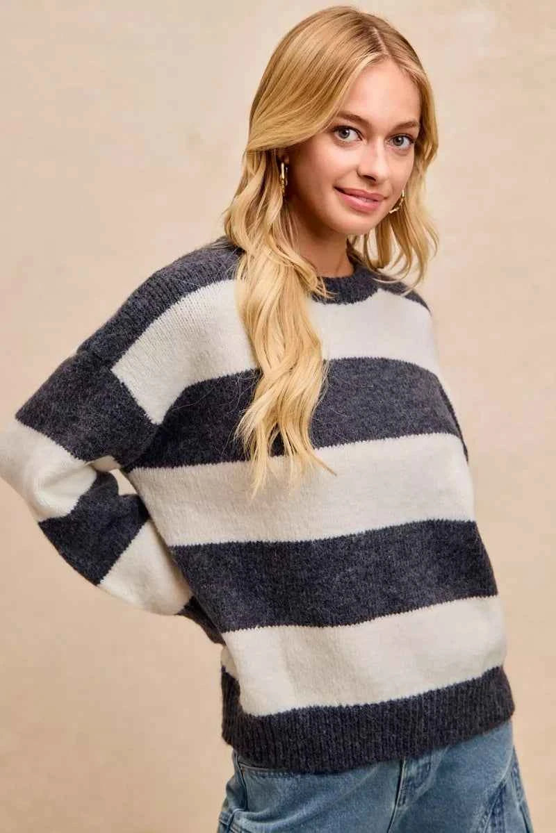 BiBi Wide Stripe Fuzzy Knit Round Neck Sweater ab8a92b63cb9471ab4b7e7f5ec8d451f-Max-Origin