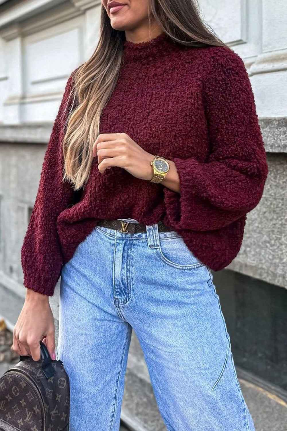 Burgundy Popcorn Mock Neck Solid Sweater Burgundy 100%Recycled Polyester ab9235c59786cd85