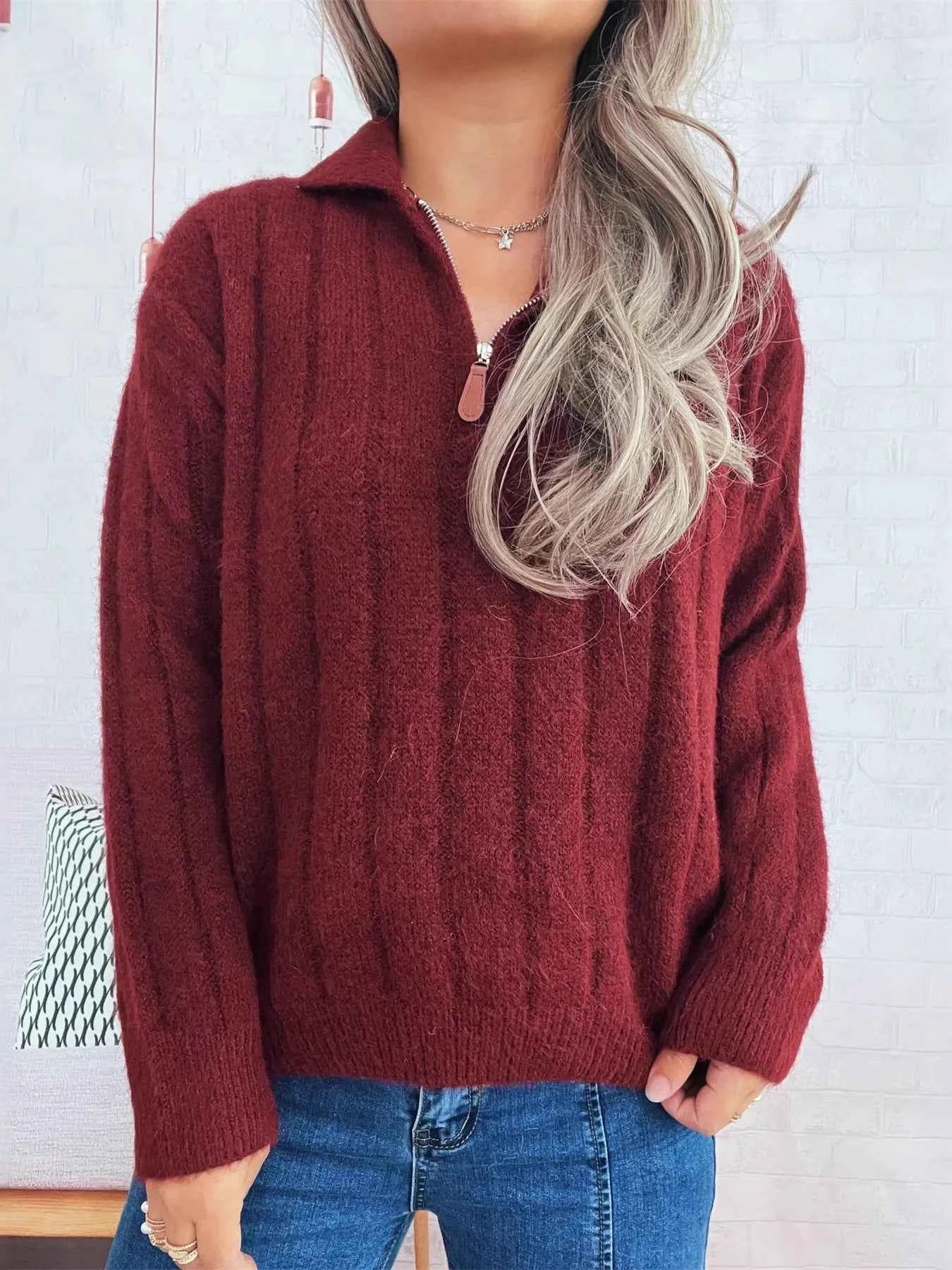 Ribbed Hem Quarter Zip Sweater ab9319f90ec541928c677734681574ed-Max-Origin