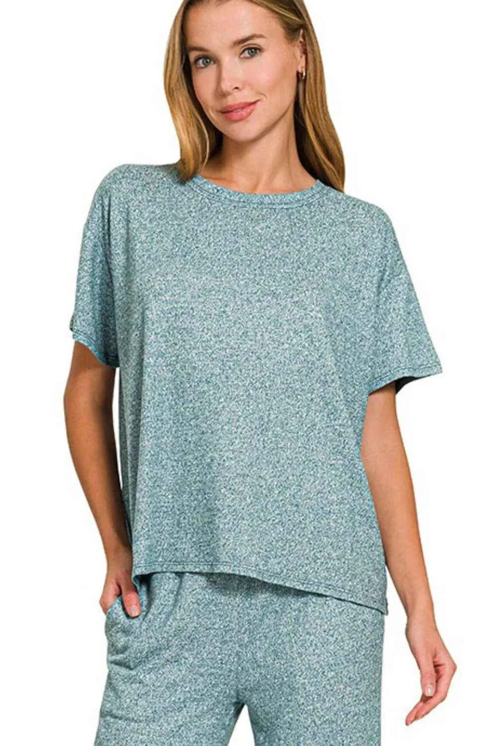 Zenana Soft Melange Short Sleeve Tee & Long Pants Set ab9edf34-a0bb-4c85-ae29-b06128df90eb-Max-Origin