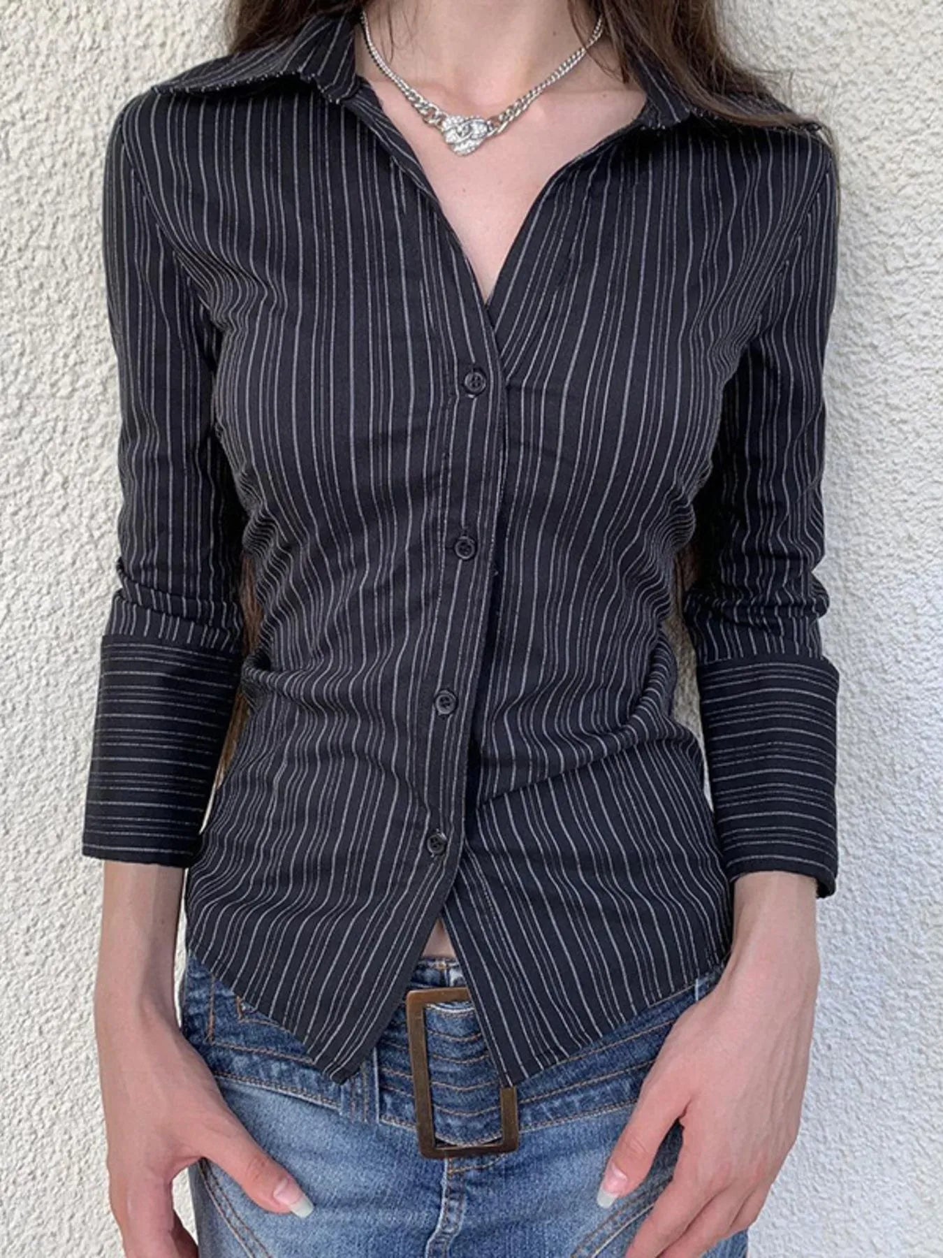 Striped Button-Down Collared Neck Shirt Black Long Sleeves aba01ad3-f358-4764-b95a-344608cd2aed-Max-Origin