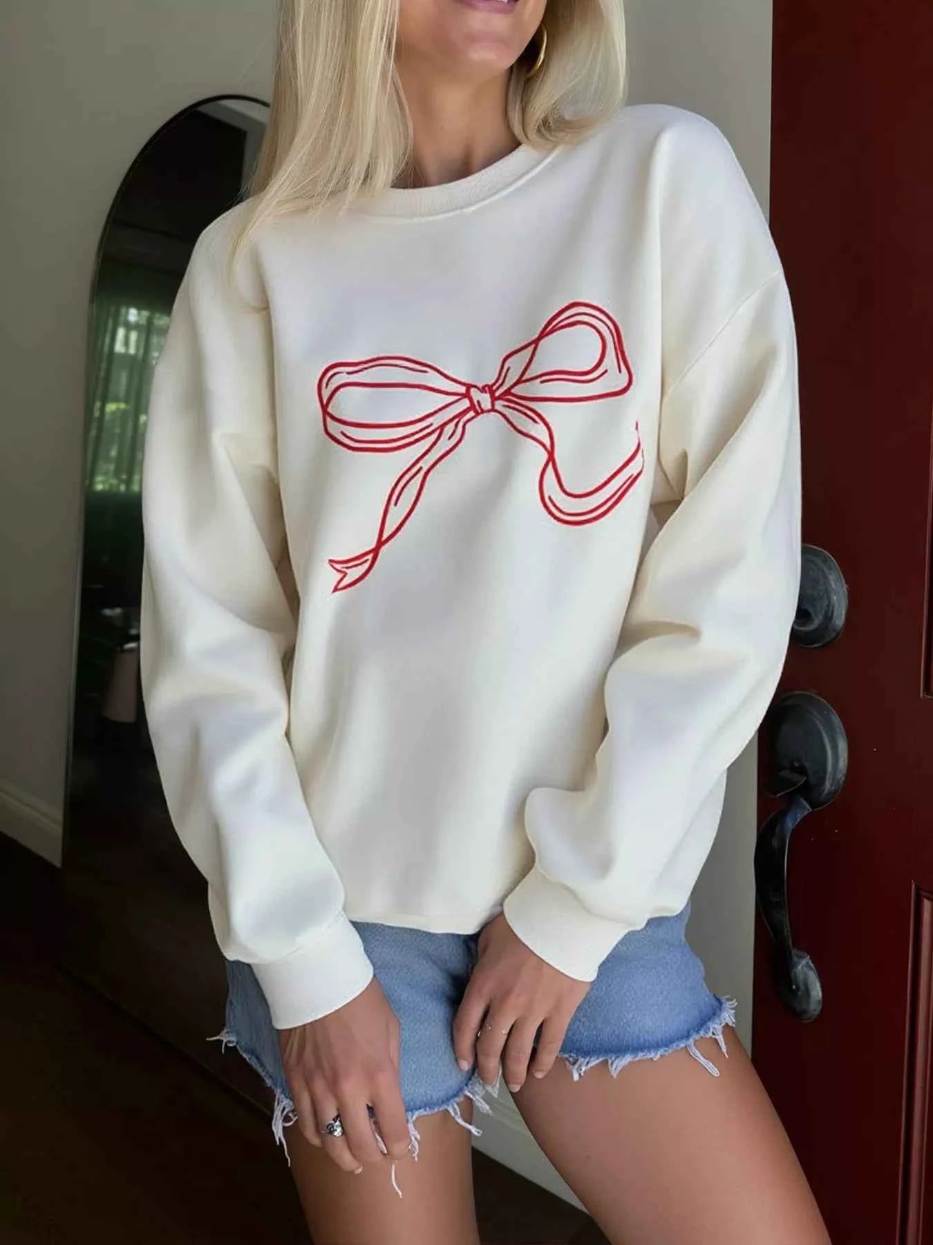 Bow Crew Neck Drop Shoulder Sweatshirt Beige aba215b274df49d18af59e619436673b-Max-Origin