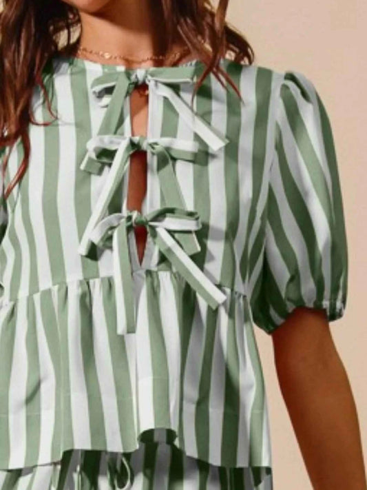 Front Tie Stripe Puff Sleeves Top and Wide Leg Pants Set aba3bd4c-ab3d-4dc8-9360-c926fcc654e9-Max-Origin