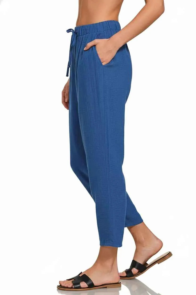 Zenana Woven Crepe Elastic Band Waist Pants aba6e25d-e310-42c0-b545-8cac2d9c31d6-Max-Origin