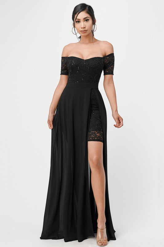 Off Shoulder Lace Evening Dress – High Slit Maxi Party Dress for Women Black S aba87403-9bbb-47e2-95de-e19a2ace7fb2