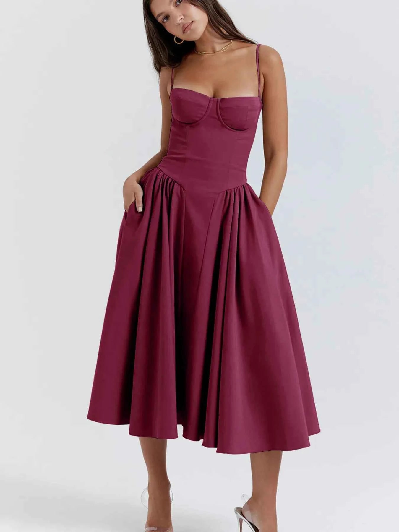 Sweetheart Neck Ruched Midi Dress Plum Red aba93000737b414584208db607704a1d-Max-Origin