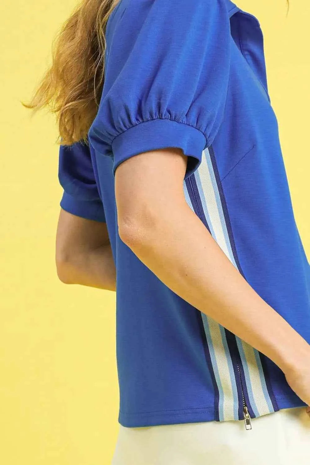 Umgee Side Zip Striped Puff Sleeve Polo aba93f96-2075-4488-8fa9-78a44c36c175-Max-Origin