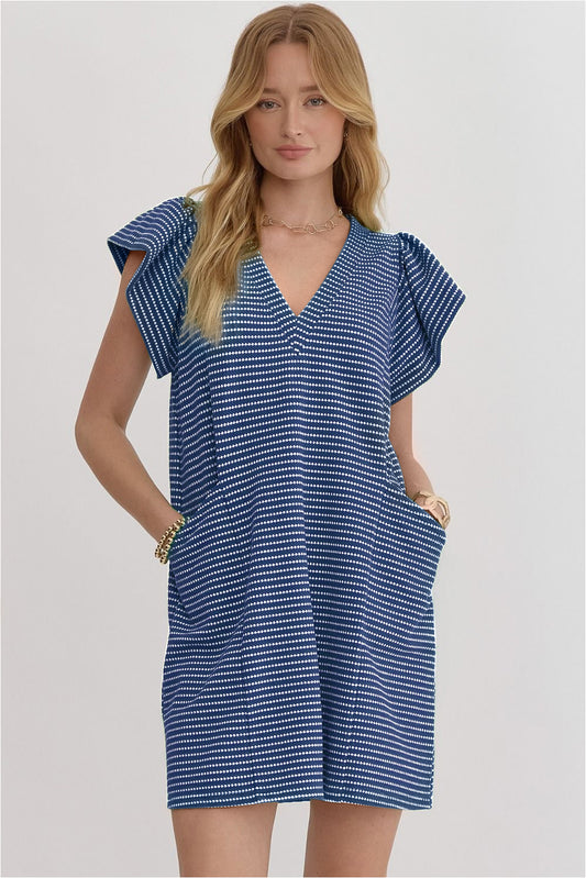 Blue Stripe Textured Knit V Neck Flutter Sleeve Shift Mini Dress abb6fbcaaa3b1e08