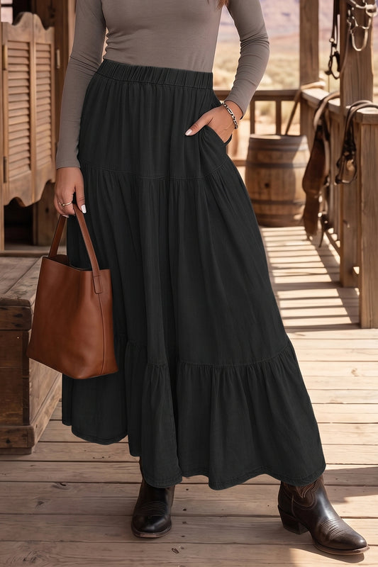 Black Elastic Waist Ruffled Tiered Flared Denim Maxi Skirt Black 100%Lyocell abb717ca4524c113
