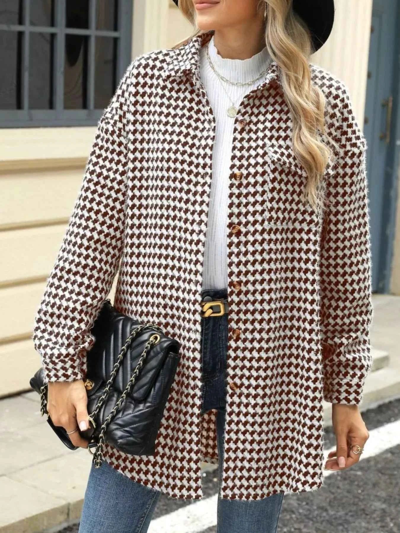 Houndstooth Button Up Long Sleeve Coat Brown abbb04c0-28d9-4b80-9dcd-8b13e0d1fe02-Max-Origin