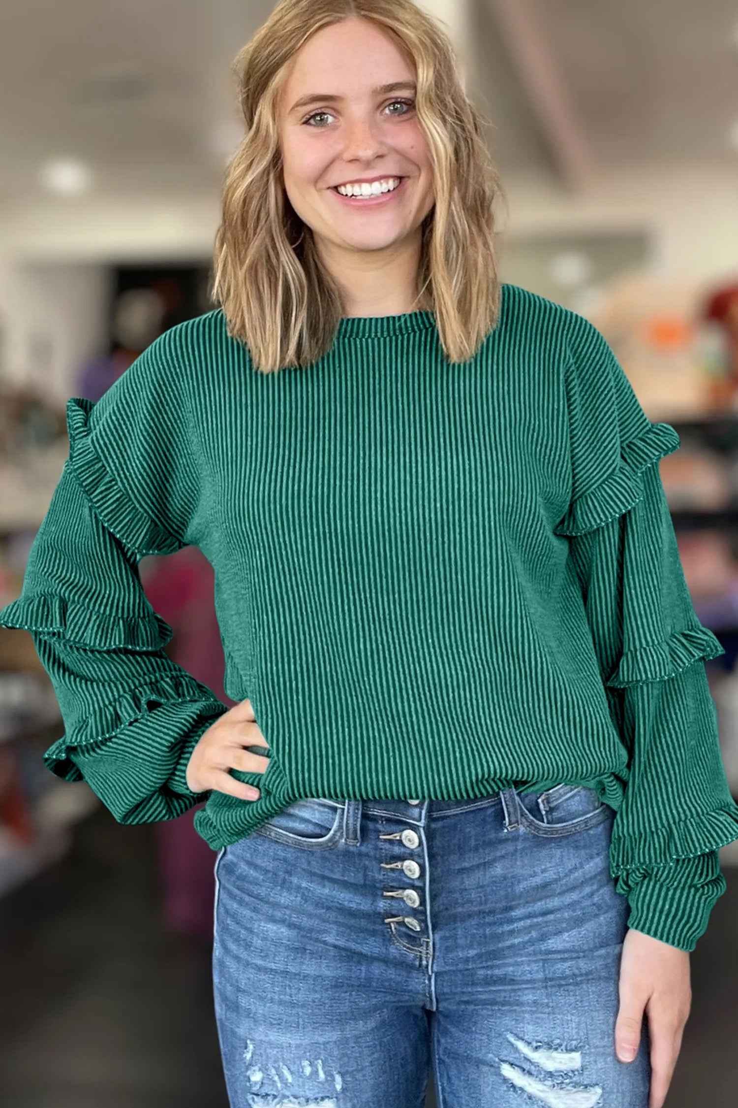 Evergreen Twisted Ribbed Tiered Ruffles Long Sleeve Pullover Top abbbf408a23bb624