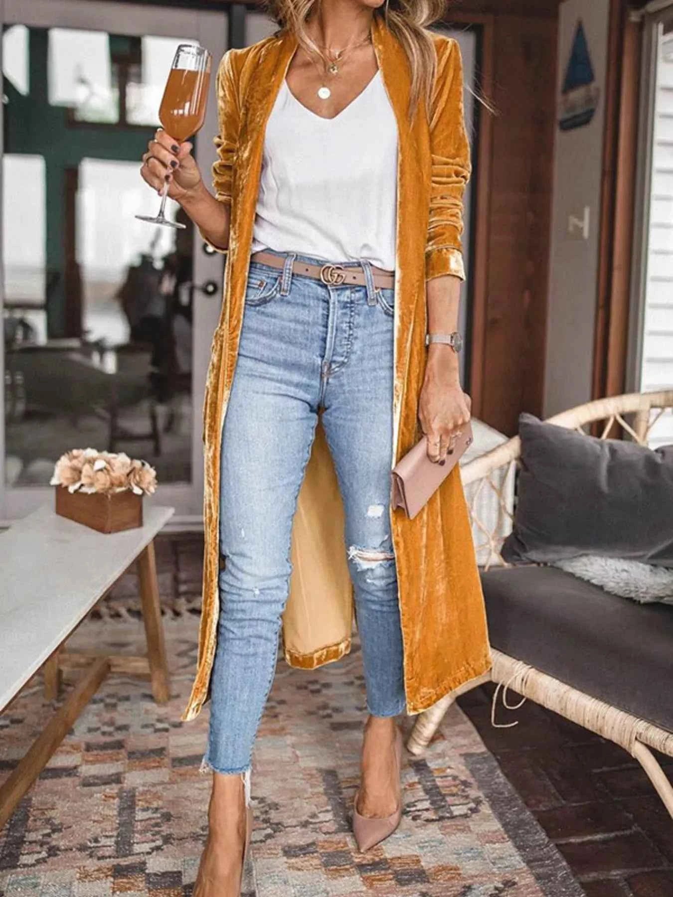 Open Front Long Sleeve Longline Cardigan Gold abbc17d153bb461e8f0703a6b4e31edc-Max-Origin