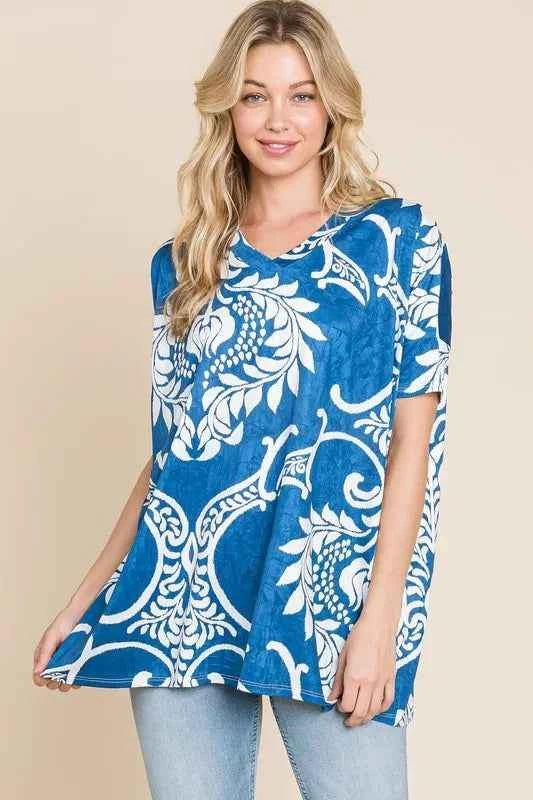 BOMBOM Printed Relaxed V-Neck Tunic Top abbea4b32b7942edb71edcf5d3930af5-Max-Origin