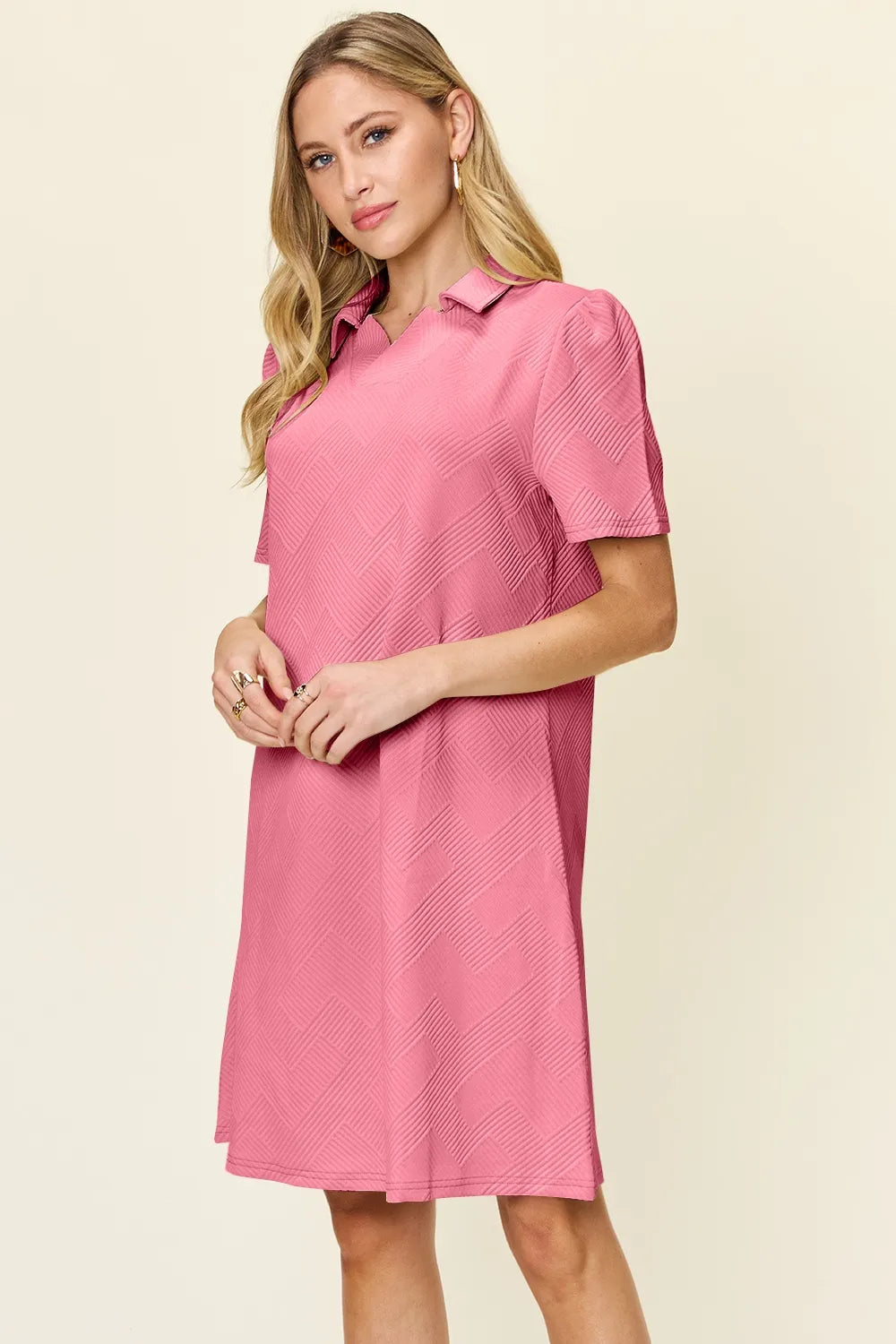 Double Take Full Size Texture Collared Neck Short Sleeve Dress abc40372-4f09-4bca-a037-3b3e9431612b-Max