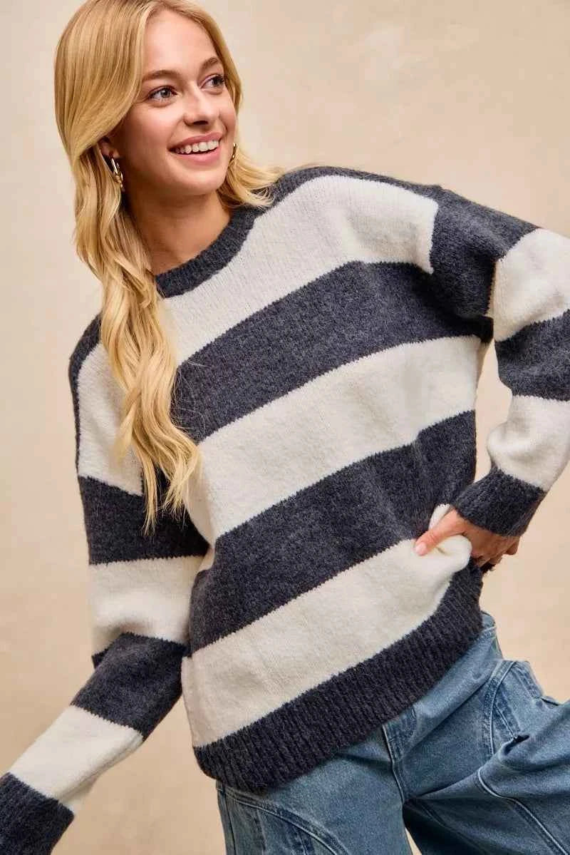BiBi Wide Stripe Fuzzy Knit Round Neck Sweater abc86e0fd7e346008e00fbdefbfa2755-Max-Origin