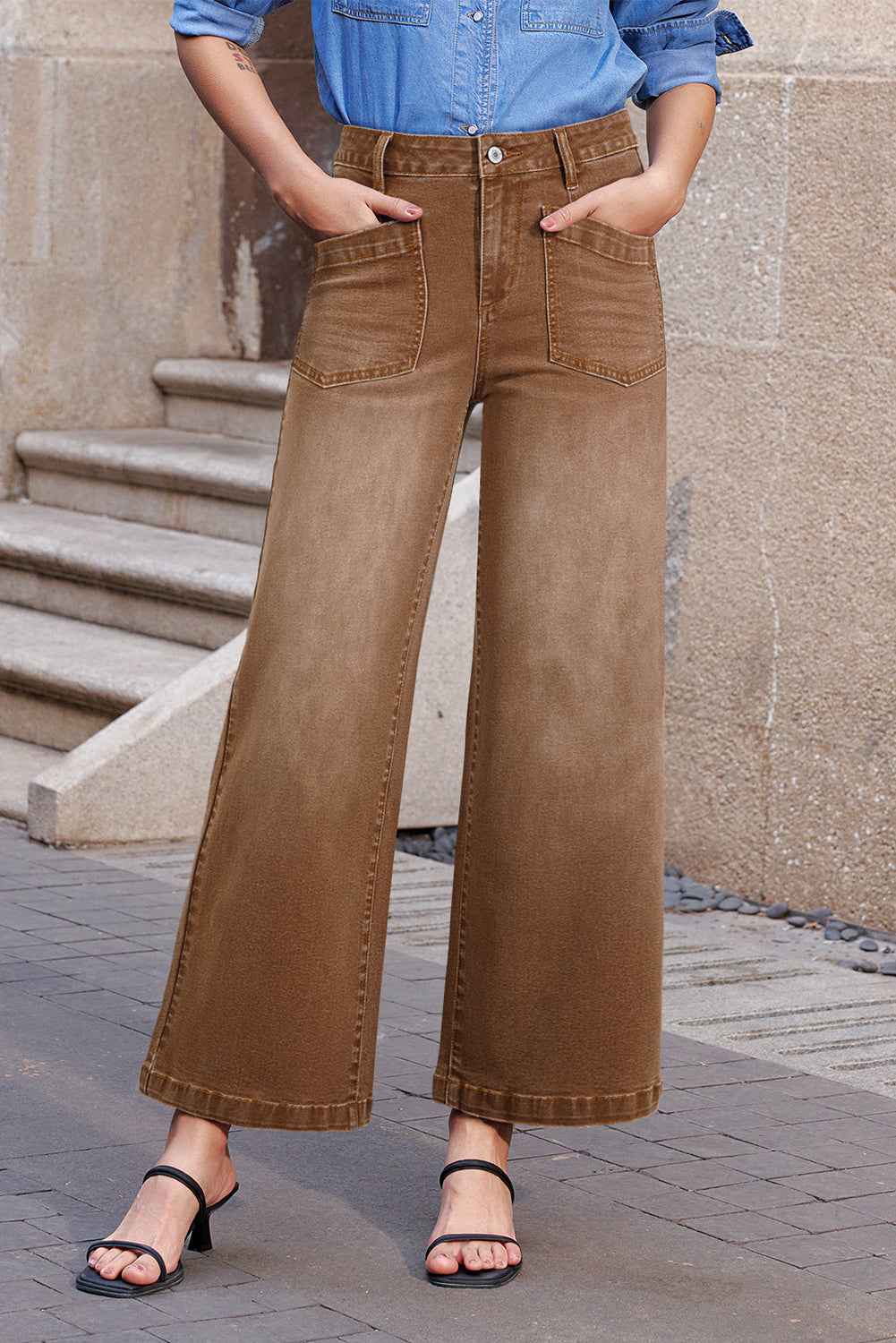 Brown Minimalist Patch Pocket High Waist Shift Jeans abcc07249b762e2c