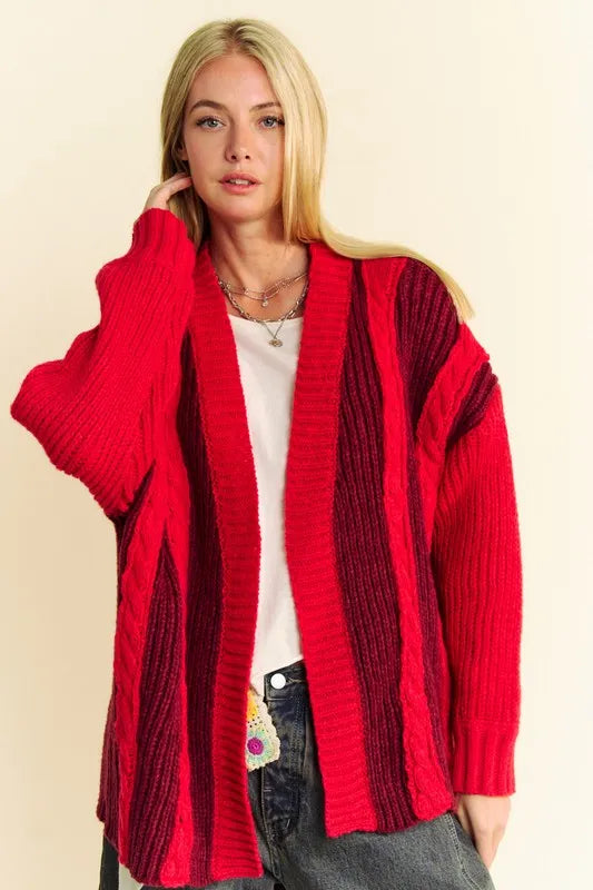 Davi & Dani Cable-Knit Color Block Open Front Cardigan abccebed-6d2d-42ec-88c1-5d49ba68b4e9-Max