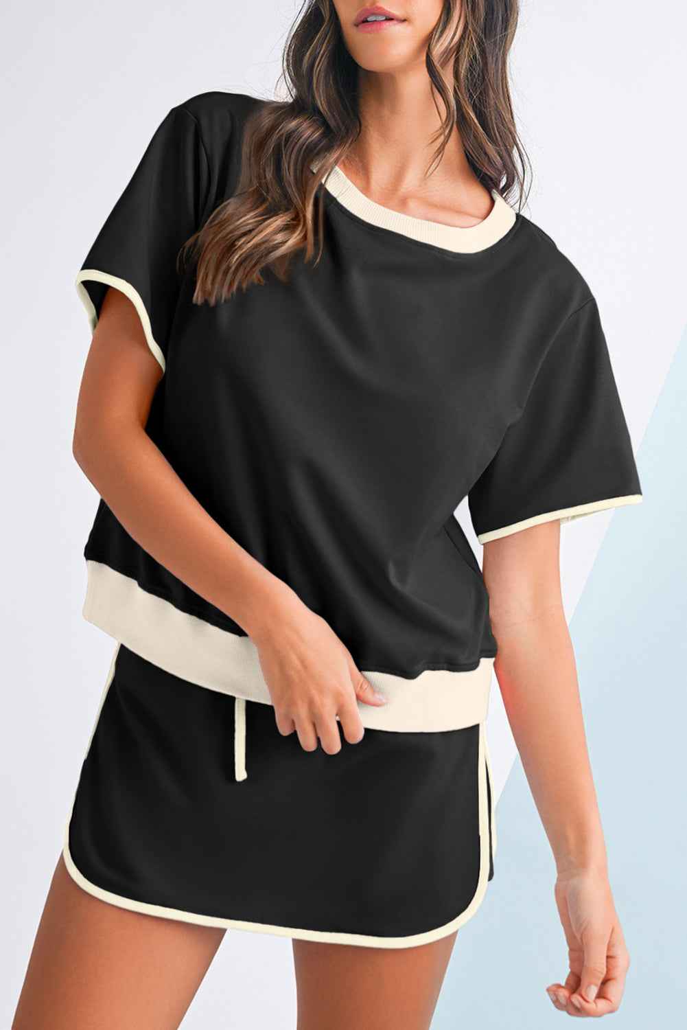 Black Colorblock Edge Drop Shoulder T Shirt and Skort Set abcf6db2eee3bc8d