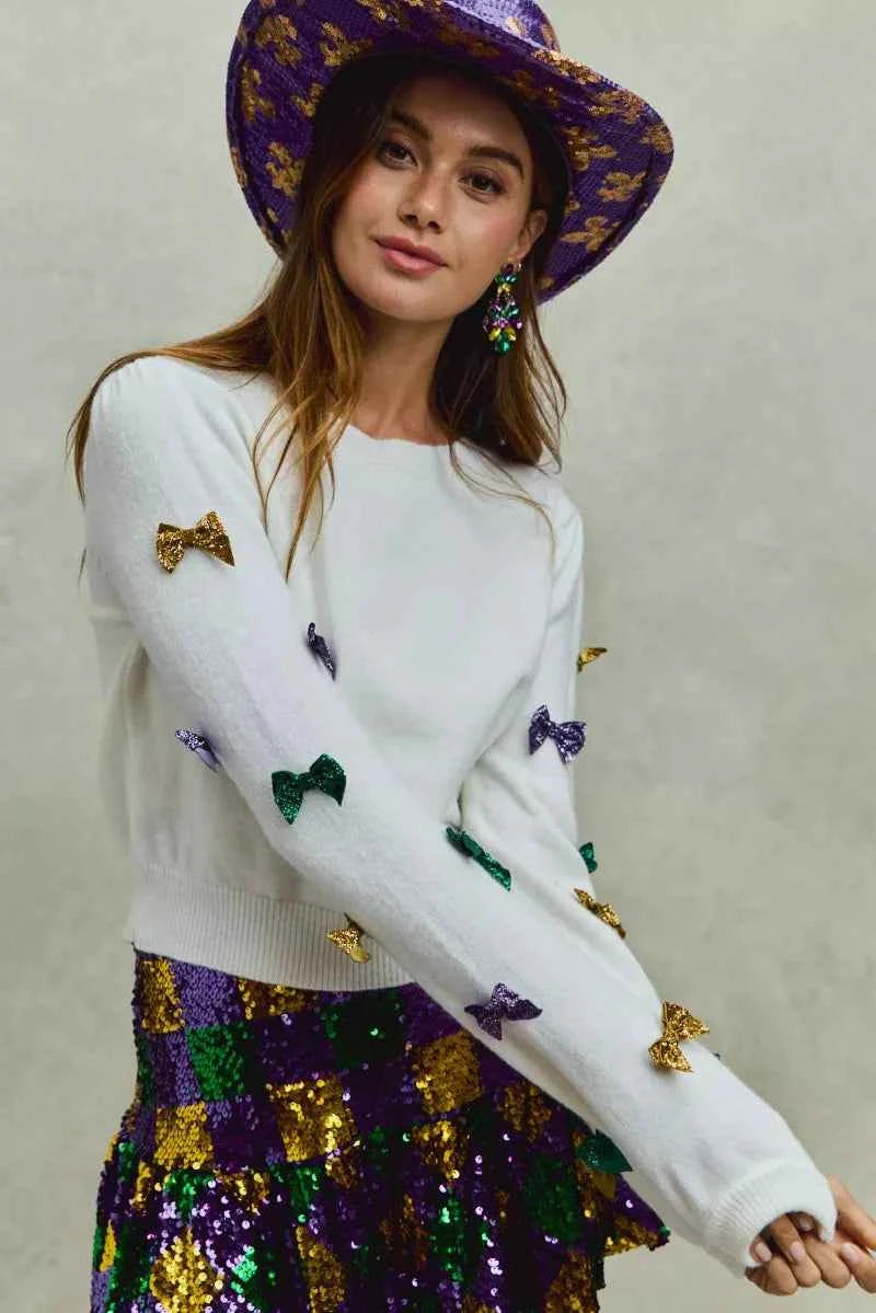 SO ME Mardi Gras Glitter Bow Ribbon Sweater Knit Top abd8bf4d271843e19e83720aa552f4d2-Max-Origin