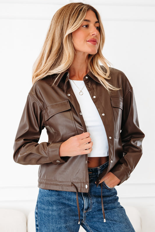 Chicory Coffee Double Flap Pocket Drawstring Hem Leather Jacket abea3aa5528431d5