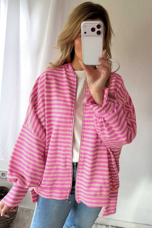 Pink Stripe Zip-up Puff Sleeve Zip Jacket Sweatshirt abecba047200543b