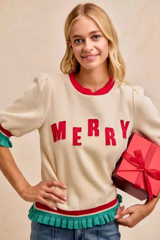 Christmas Merry Letter Patches Contrast Banded Top abed0a81f02a4ced8edeb06be9044d38-Max-Origin