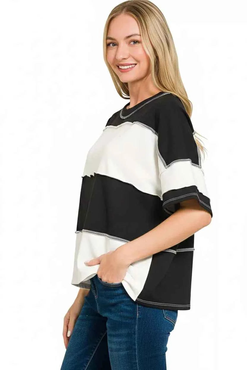 Zenana French Terry Color Block Exposed Seam Top abef5df8-590e-45cf-b6a1-90d22af138c5-Max-Origin