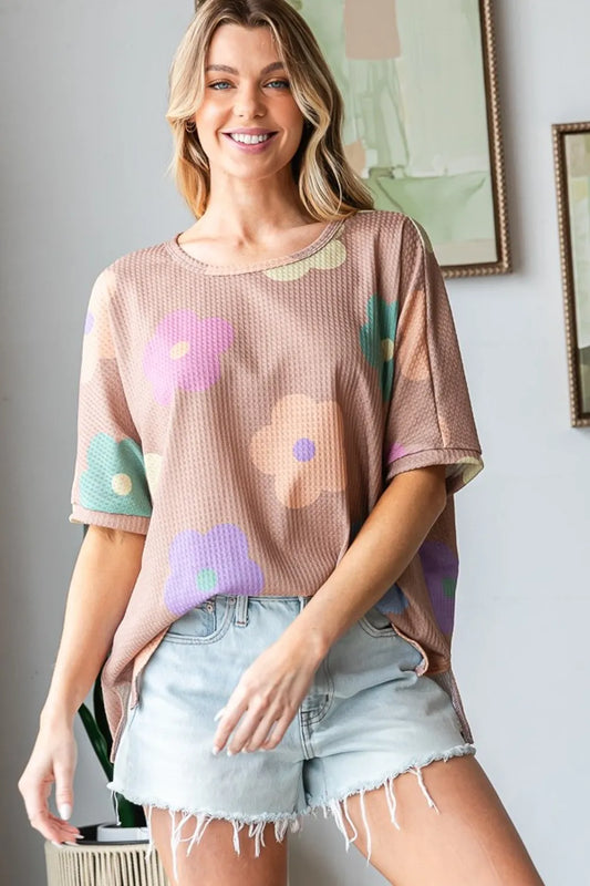 Full Size Floral Round Neck Side Slit Waffle T-Shirt abf570a1-65d4-476a-83c6-dfa8a34d7729-Max