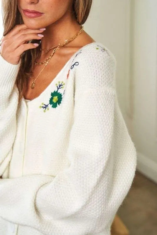 Davi & Dani Flower Embroidered Button Up Long Sleeve Cardigan abf8fccd-3199-4657-bd5f-6a163b24a5de-Max