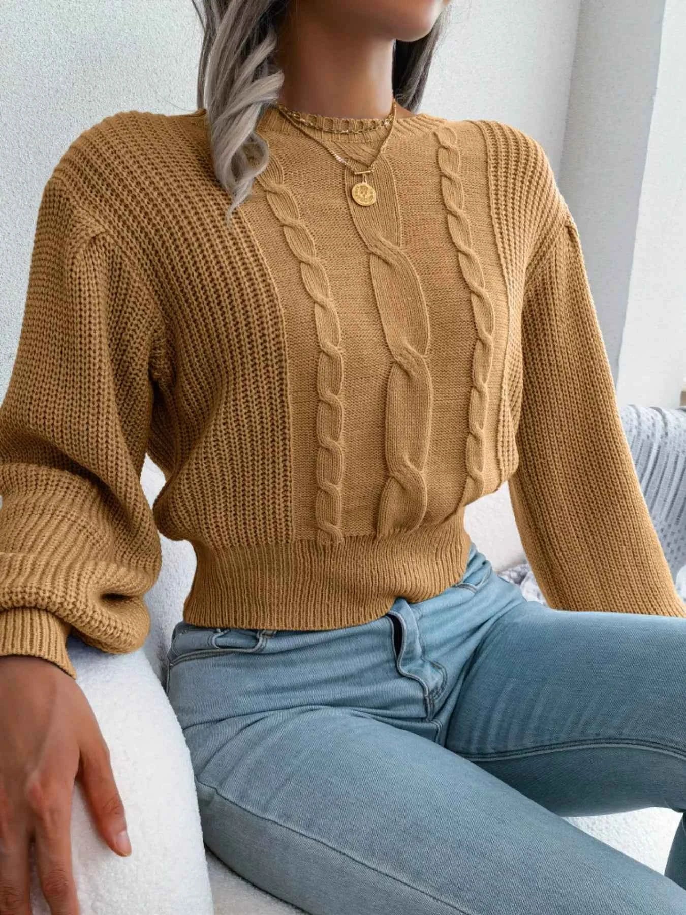 Cable Knit Round Neck Cropped Sweater abfb1c66-f762-4dde-afff-927cd32b561c-Max-Origin