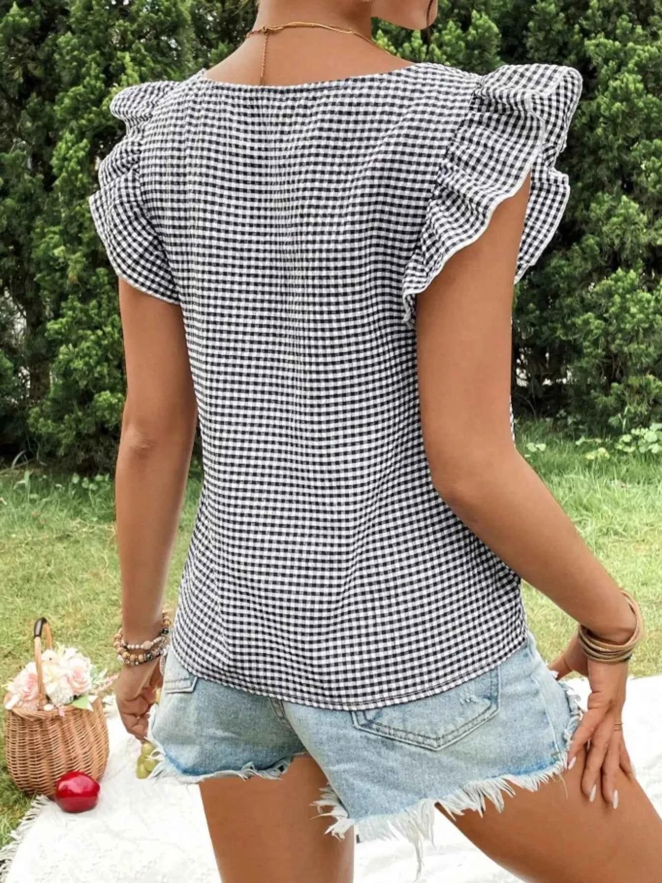 Gingham Ruffle Sleeve Square Neck Blouse abfbc48a-da3f-48ed-9a71-26272125e113-Max-Origin