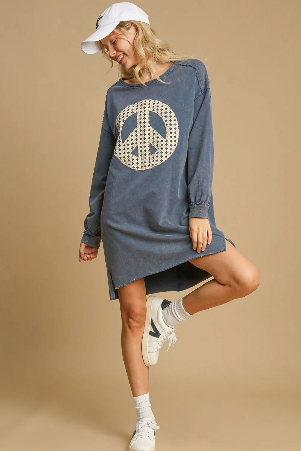 Umgee Peace Lace Applique Frayed Hem French Terry Mini Dress ac00886d-a912-4774-840b-aebffd98c17a-Max