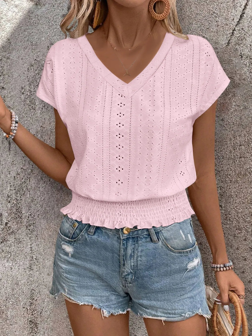 Eyelet V-Neck Short Sleeve Blouse ac03605c-aaf2-4fcb-a889-d110e47c280b-Max-Origin