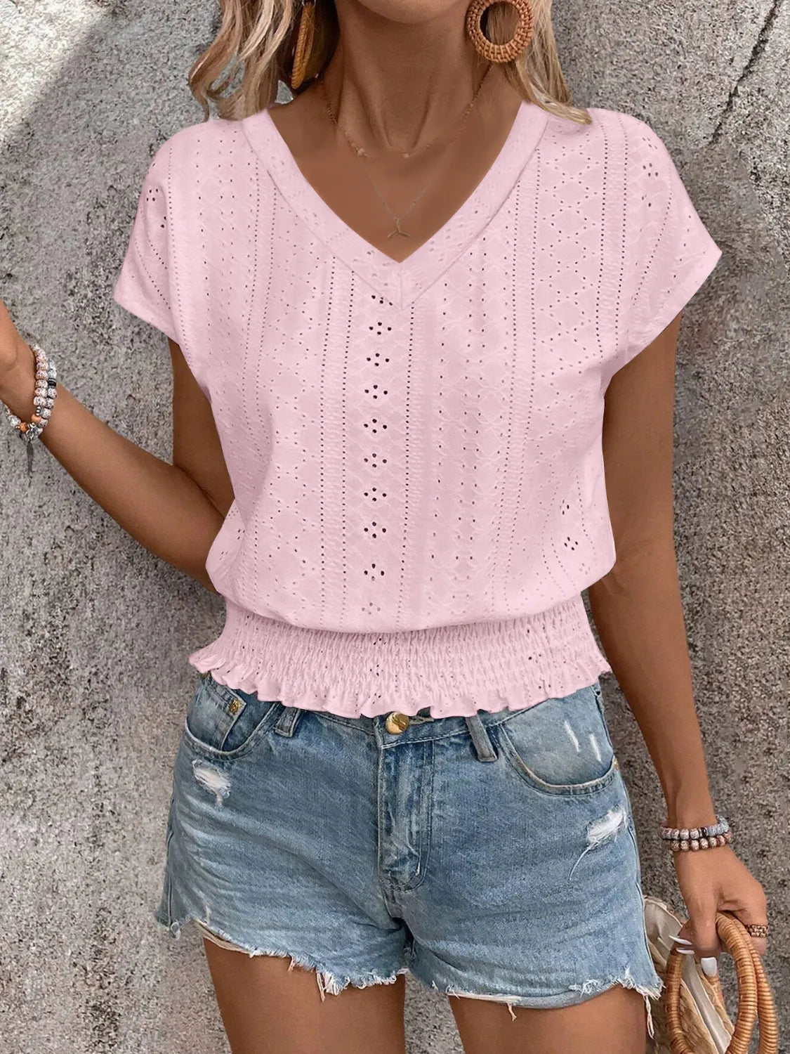 Eyelet V-Neck Short Sleeve Blouse ac03605c-aaf2-4fcb-a889-d110e47c280b-Max-Origin