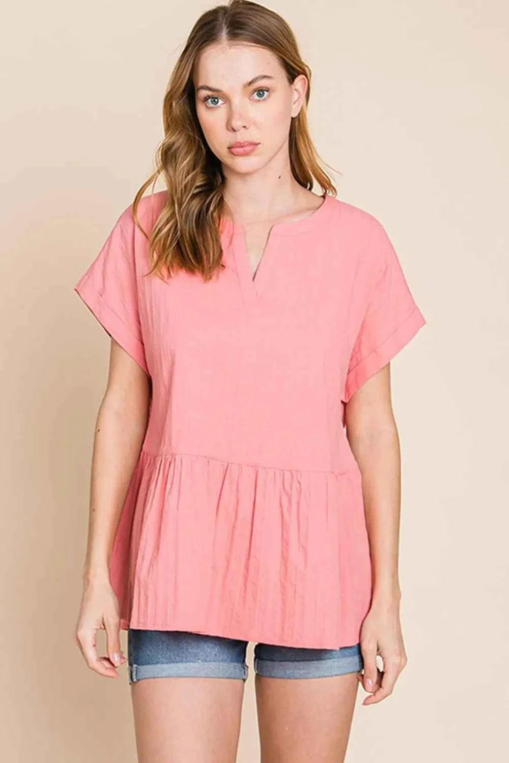 Cotton Bleu by Nu Label Notched Short Sleeve Peplum Top Coral ac051c43-30e8-410c-9c5c-2c5d3f596d26-Max