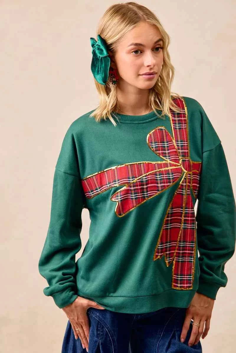 BiBi Plaid Ribbon Bow Detail Christmas Fleece Pullover ac06baf129964d378dc9ee2e62b54701-Max-Origin