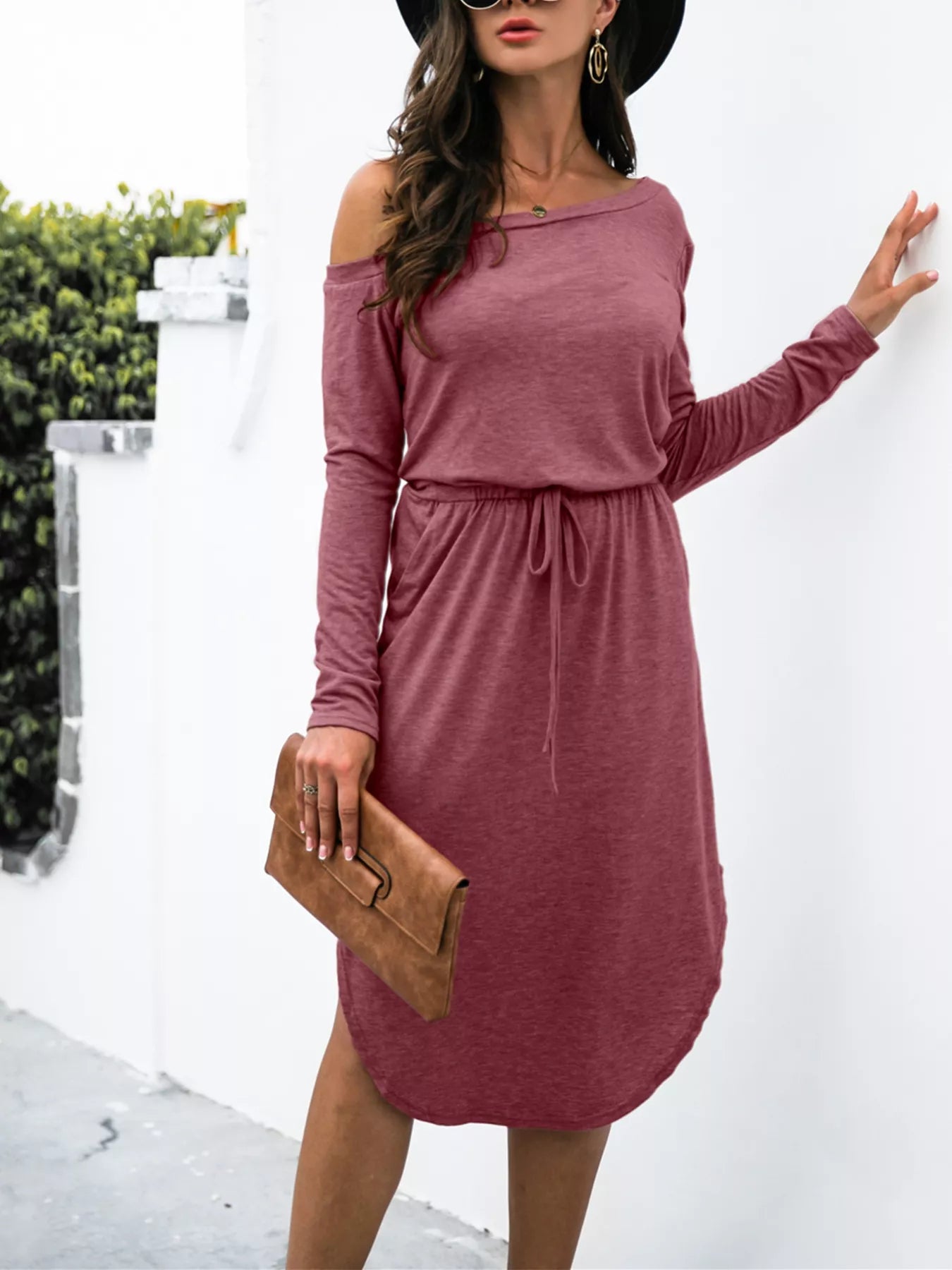 One-Shoulder Long Sleeve Midi Dress with Drawstring Waist ac0a4d01-ec5f-45e5-9bda-d6792fc8f36d-Max-Origin