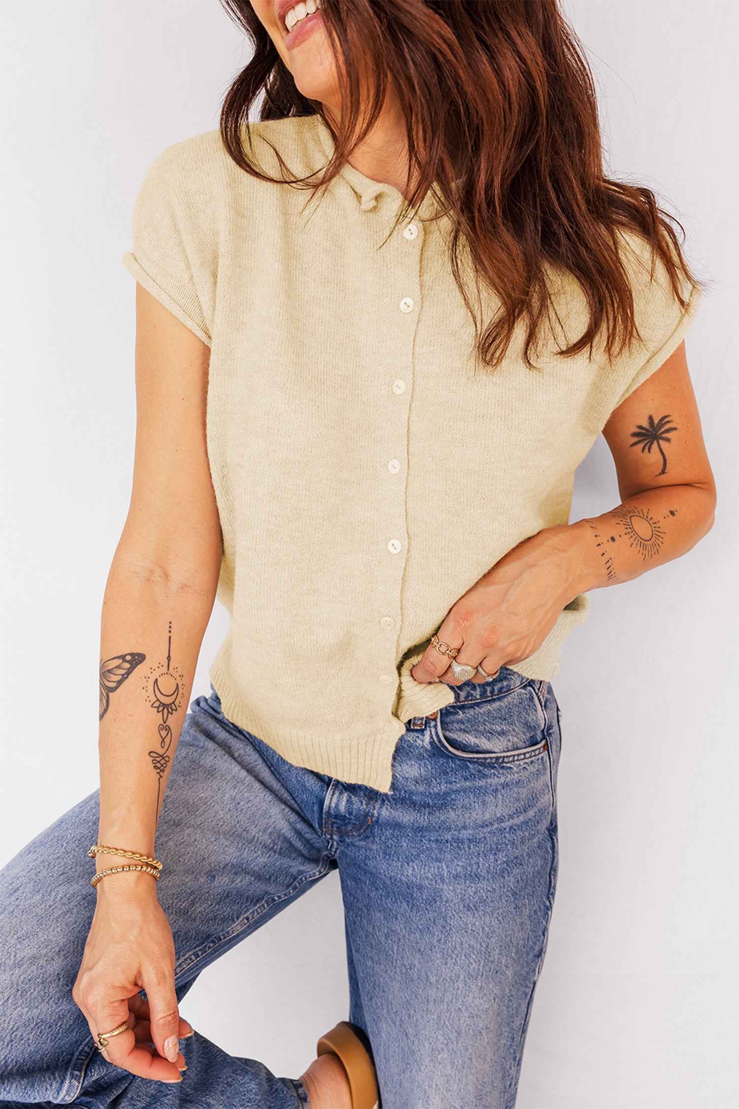 Apricot Buttoned Front Rolled Hem Cap Sleeve Sweater Top ac0a8d4c28d08f41
