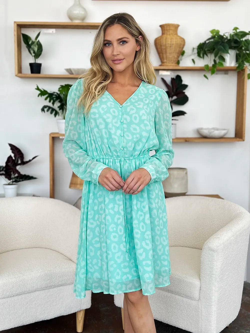 Double Take Full Size Printed Ruched V-Neck Long Sleeve Dress ac0b455b-440b-426b-9032-022fb31de6b2-Max