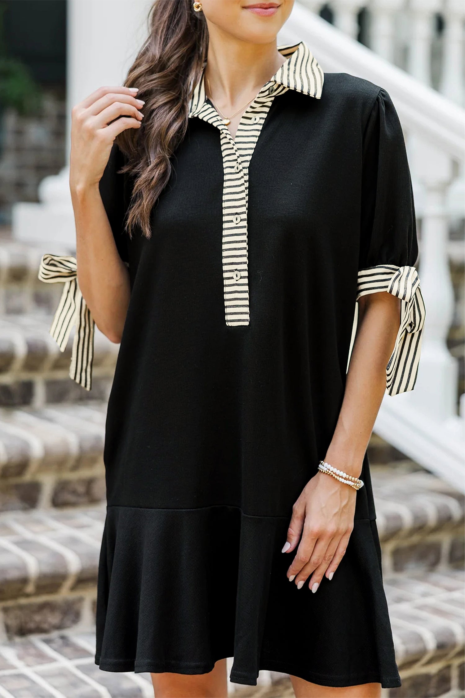 Black Stripe Detail Polo Collar Half Buttons Tied Short Sleeve Shift Mini Dress Black 93%Viscose+7%Elastane ac0b86ab2aff8224