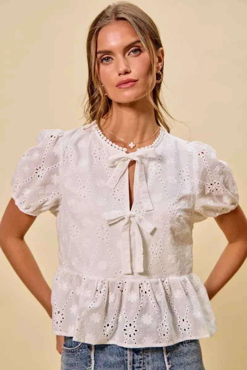 SO ME Cotton Eyelet Front Tie Short Sleeves Blouse ac0f588599204889a00a7e61e91241dc-Max-Origin