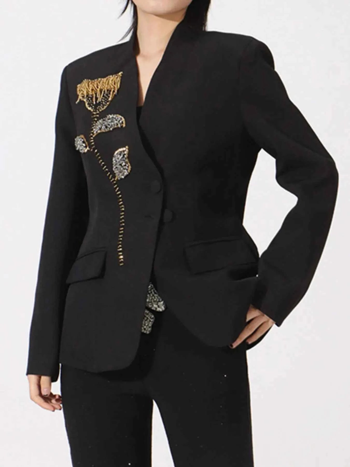 Flower Button Front Long Sleeve Blazer Black ac0fba01-a1ef-4a9c-8680-6868ea4b6e7f-Max-Origin