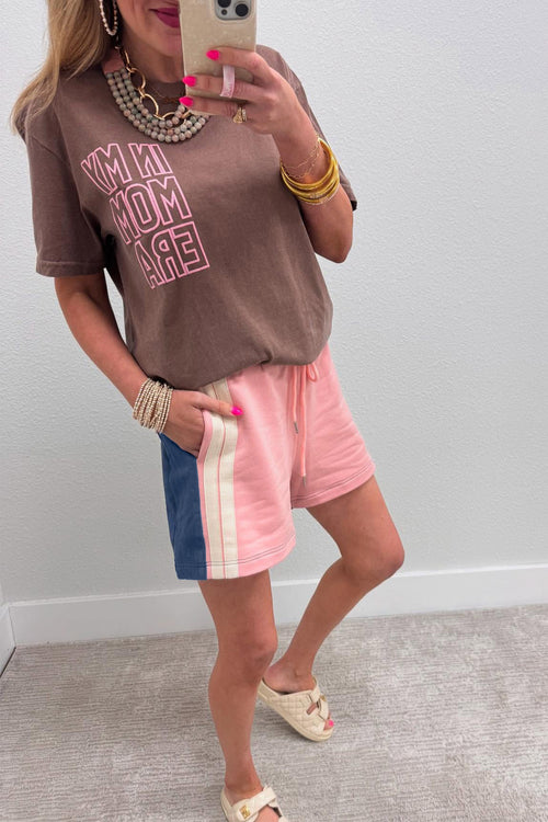 Pink Color Block Patchwork Varsity Striped Detail Drawstring Elastic Waist Shorts ac1374328a4f8b74