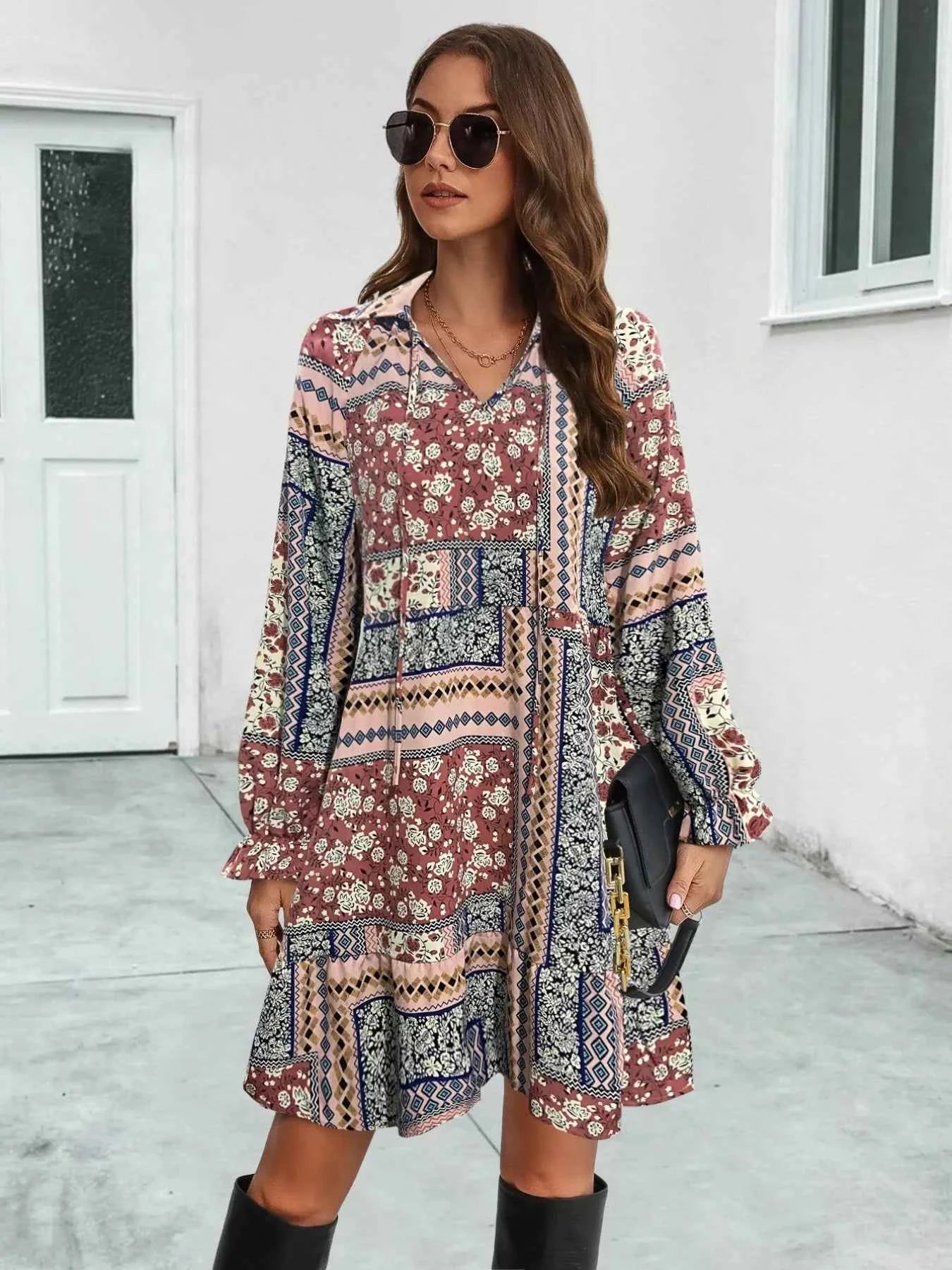 Boho Floral Print Long Sleeve Mini Dress ac13eb88-d277-47e2-87af-8aaff9a6985e-Max-Origin