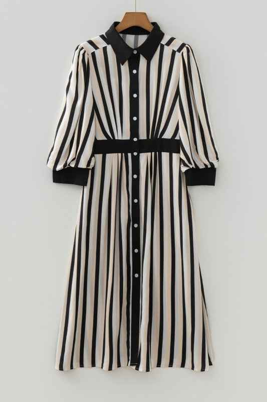 Stripe 3/4 Puff Sleeve Button Midi Dress Black Stripe ac148e88-f5a5-4b90-a4bd-1e462667c36c