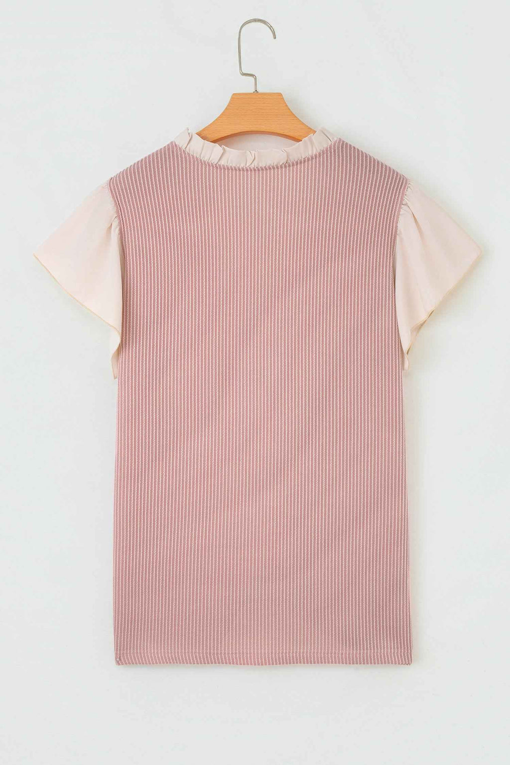 Light Blue Plus Size Contrast Frilled Neckline Ruffled Short Sleeve Ribbed Textured Blouse ac15ba59d6d35ee8