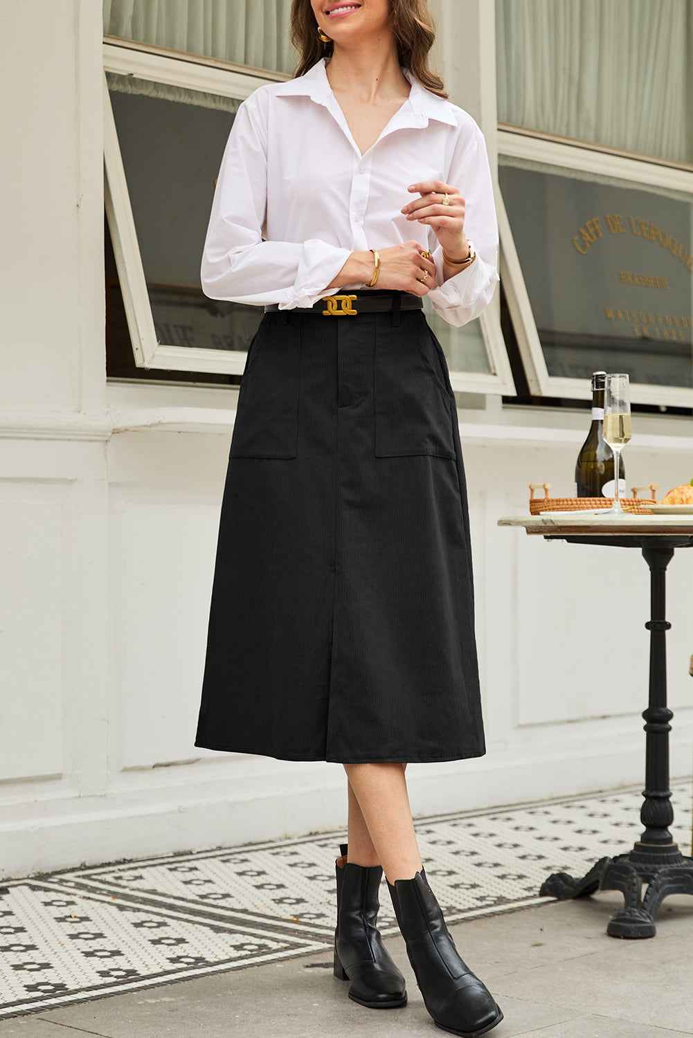 Black Front Slit Shift High Waist Midi Skirt ac193872d9a0aa36