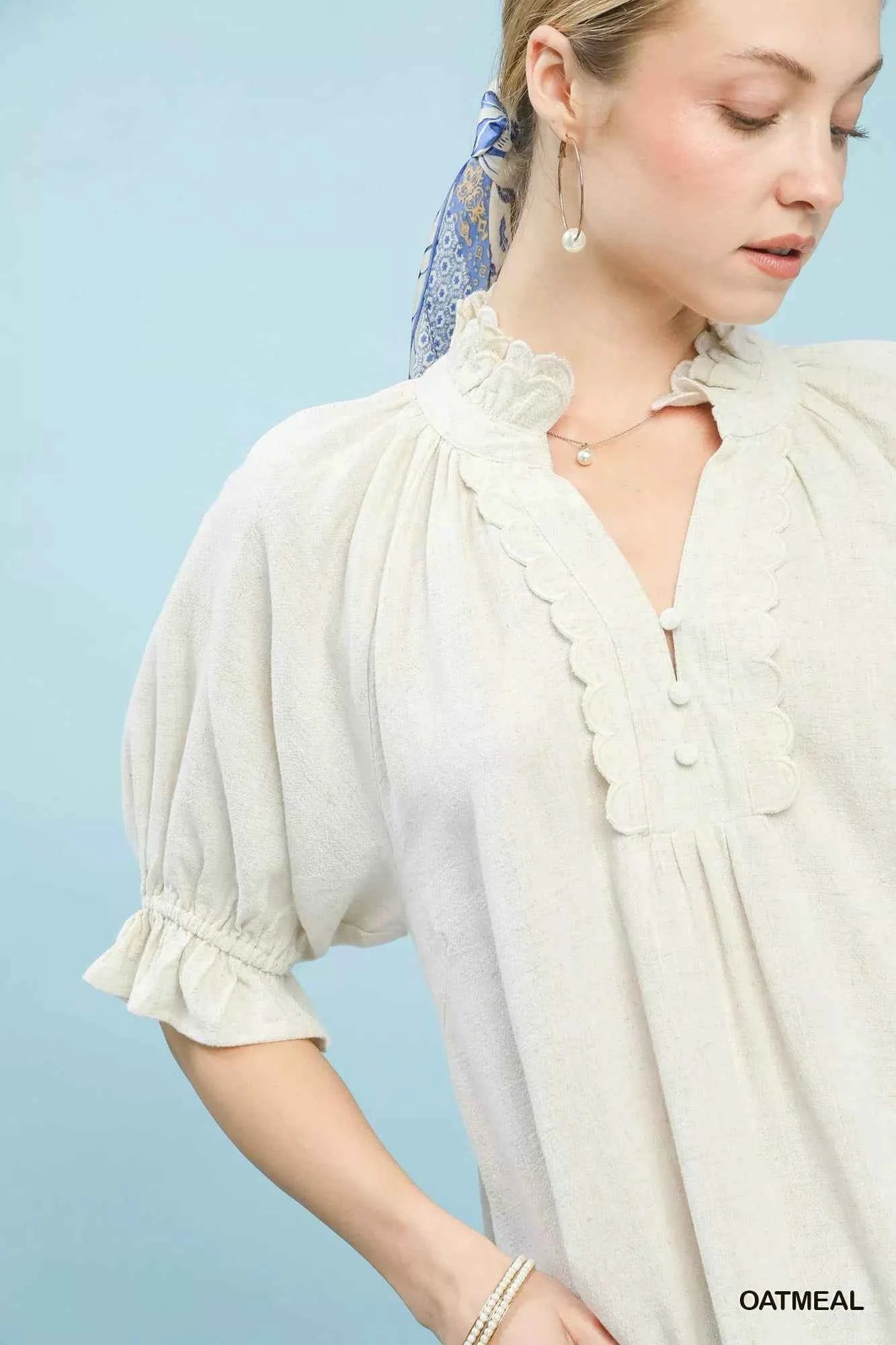 Umgee Linen Scalloped Ruffle Neck Blouse ac1ddadb-a981-48e8-a6c1-cdf872090d9f-Max-Origin