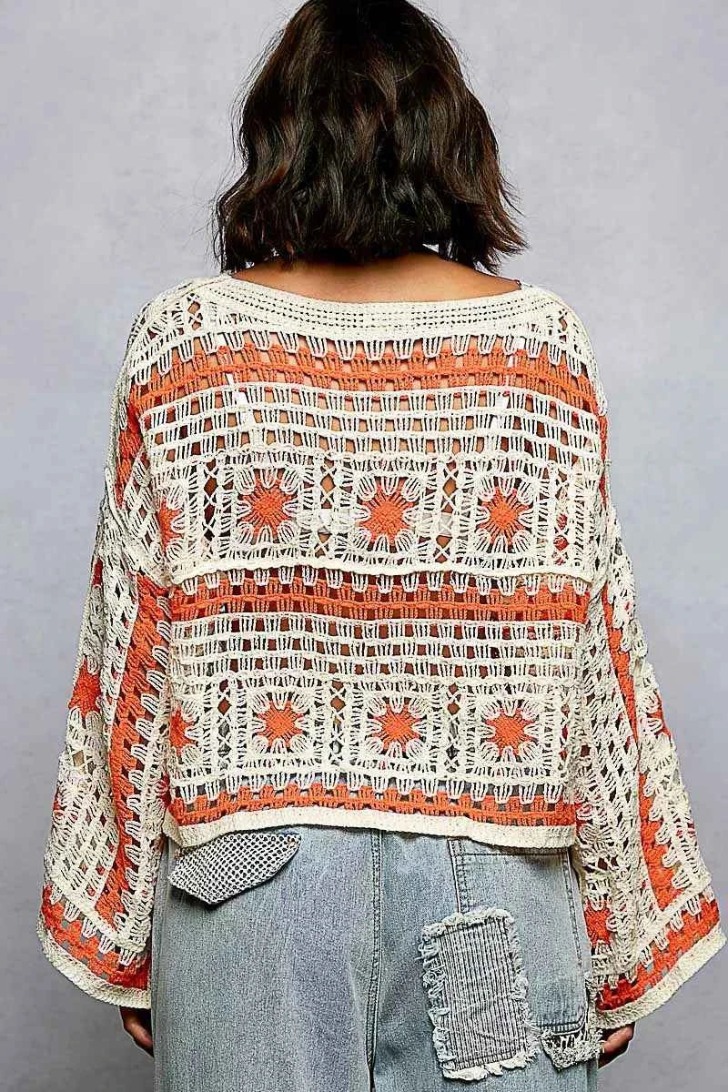 POL Boat Neck Long Sleeve Crochet Top with Granny Square Weaving ac1e2eab-5a2a-41cb-a7e0-ffbe95868202-Max-Origin