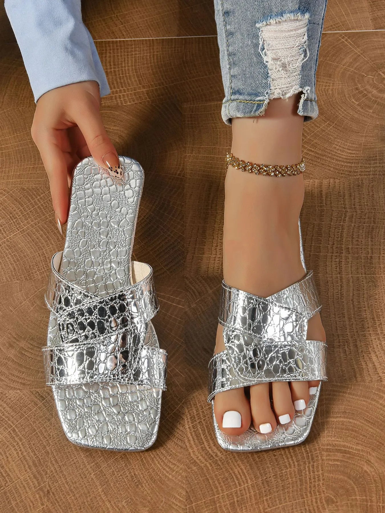 Cutout Open Toe Flats Slippers Silver ac1feedd-41b9-4534-af3e-5665464cda38-Max-Origin